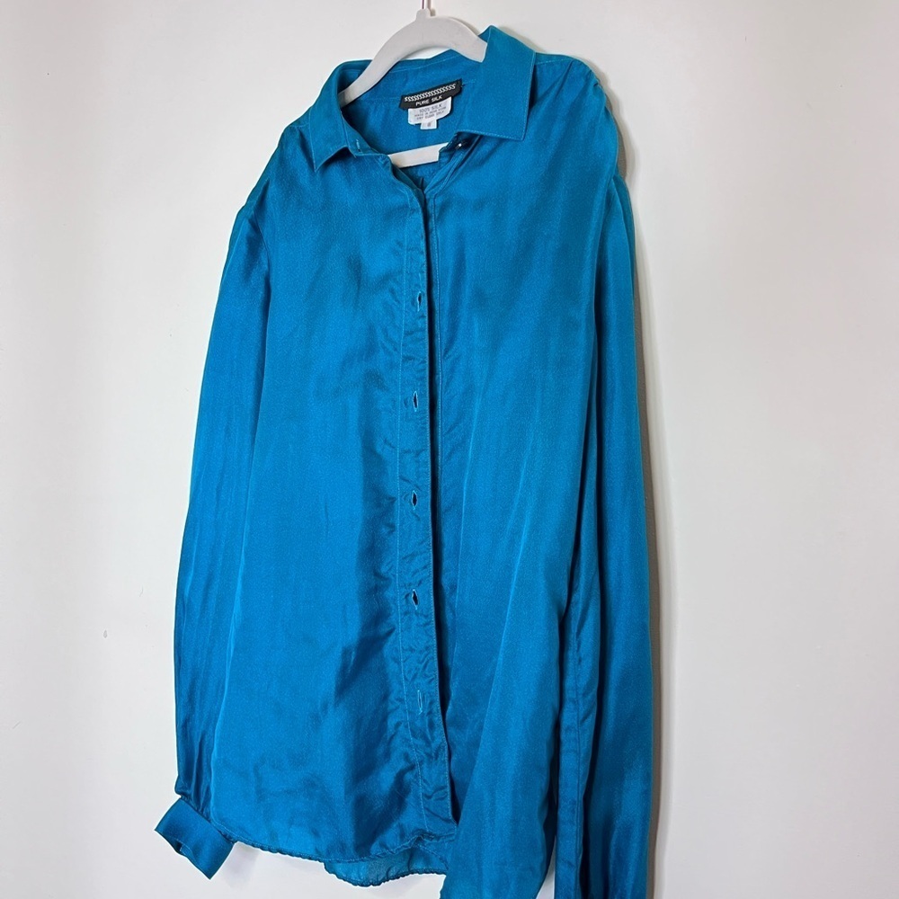 Vintage SSSSS 100% Silk Button-Up Blouse Emerald Teal VTG Womens Sz 8 Modern S - Picture 5 of 6